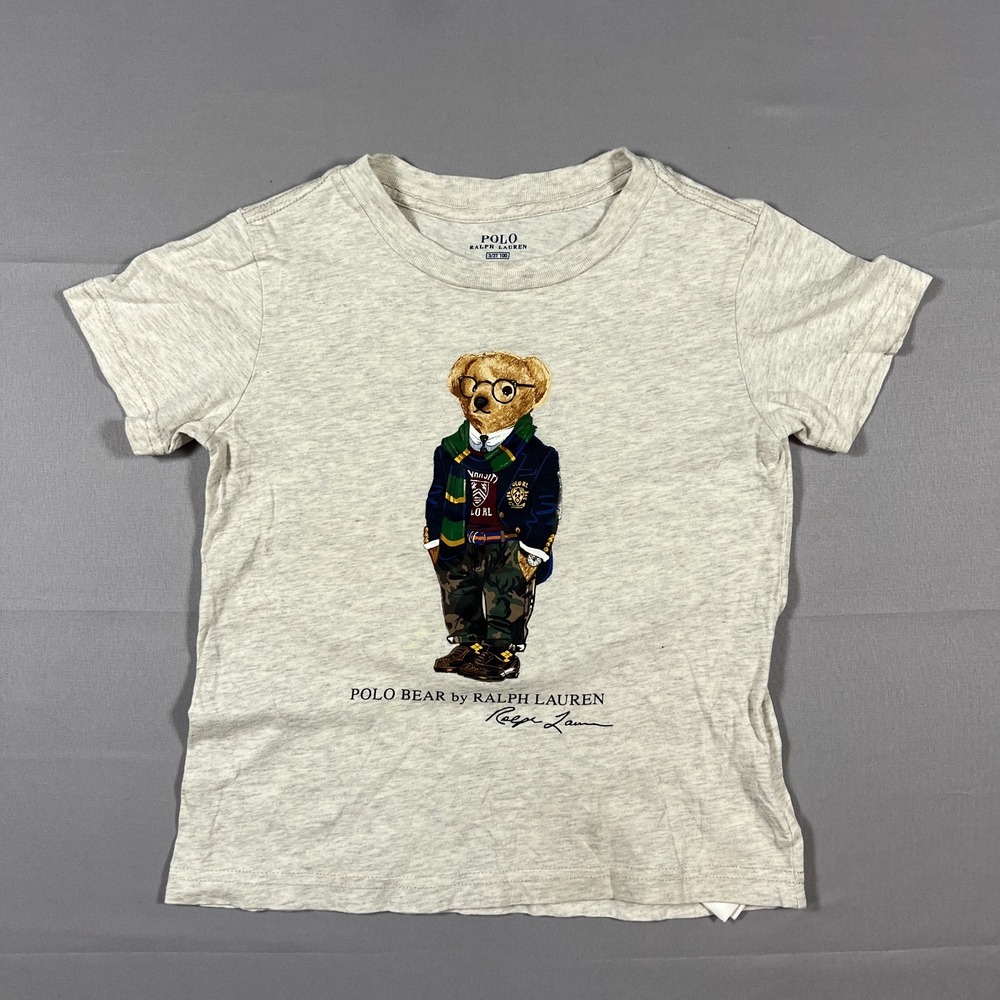 Polo Ralph Lauren T Shirt Kids 3/3T Heather Gray Bear Graphic Cotton Crew Neck